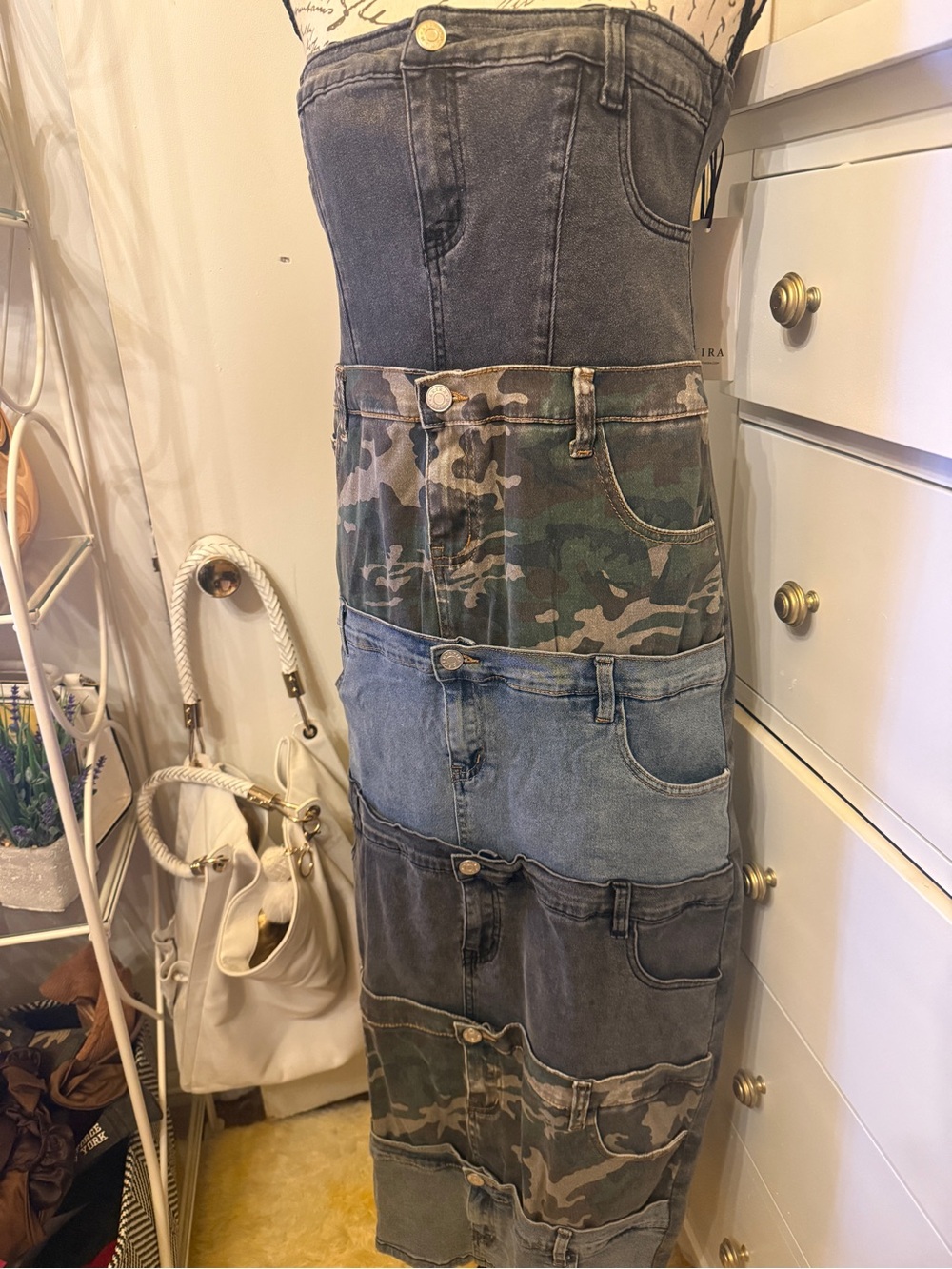 AKIRA Mixed Denim & Camo Panel Midi Dress in Gray, Blue, Green